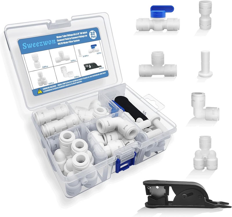 Sweezwon Water Tube Fittings Kit, 3/8" OD Quick Connect Push to Connect Fittings for RO/DI Water Filter System (Ball Valve+ T+ I+ L+ Y+ Professional Tubing Cutter, 32Pcs) - Image 1